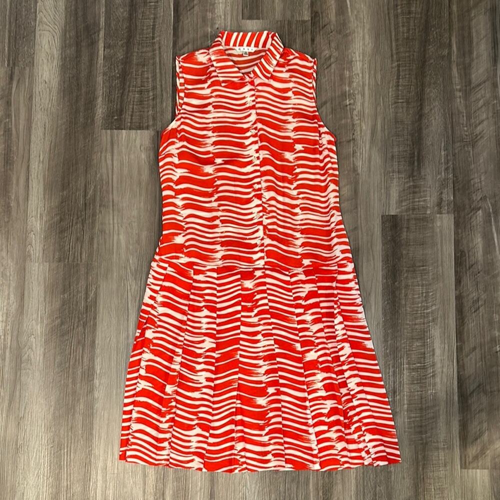 CAbi Brushstroke Pleated Sleeveless Button Drop Waist Midi Dress - Medium